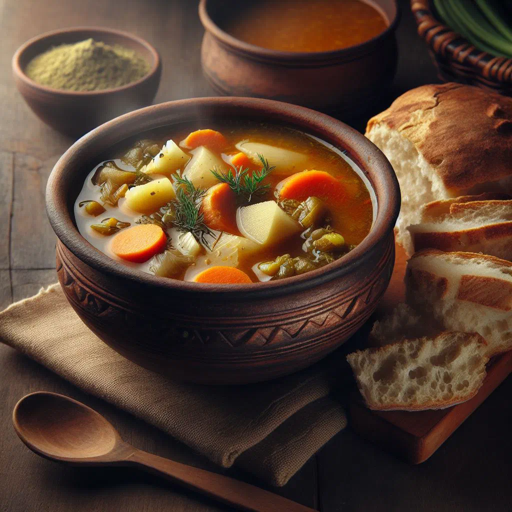 Bowl of Bolivian chupe de maní peanut soup garnished with fresh coriander