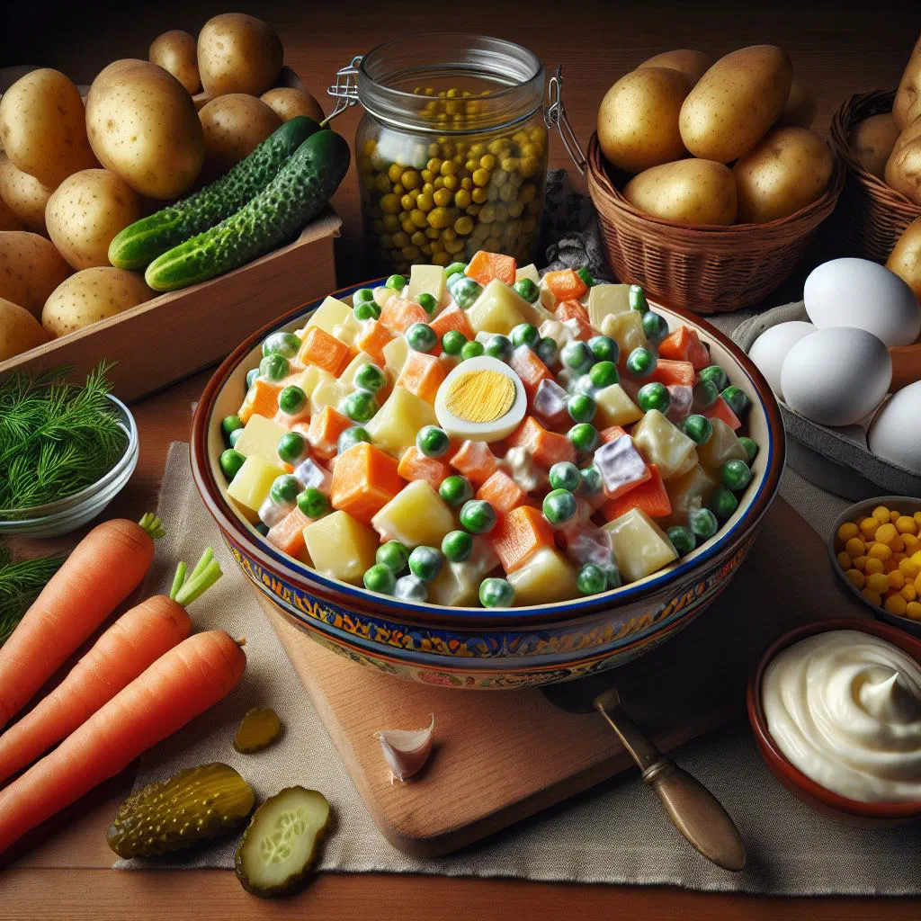 A bowl of Bolivian ensalada rusa with diced potatoes, carrots and peas in creamy mayonnaise