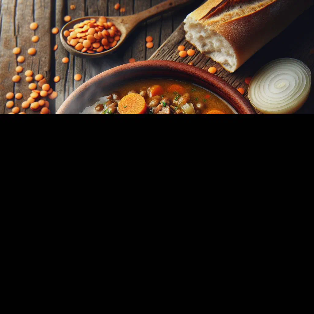 A hearty bowl of Bolivian lentil stew with carrots and fresh herbs