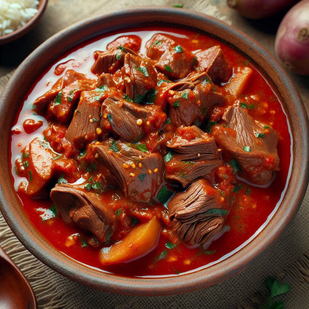 Picante de lengua with tender beef tongue in a spicy red sauce, served with rice and potatoes