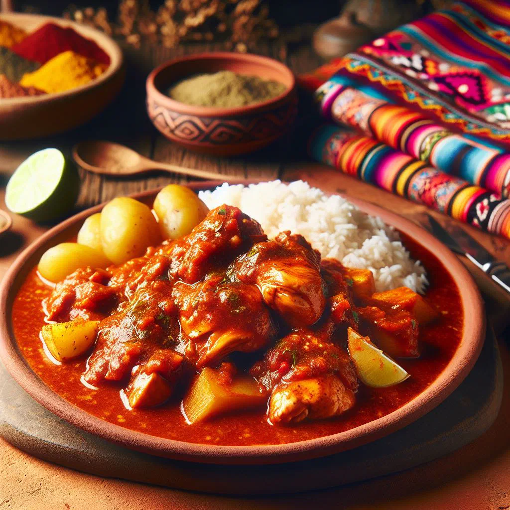 Spicy Bolivian chicken in a rich ají sauce with potatoes and fresh parsley