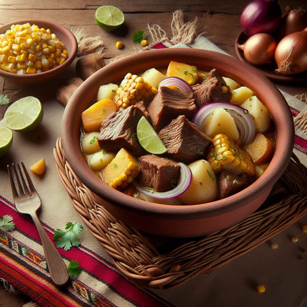 Bowl of Bolivian puchero stew with beef, potatoes and colourful vegetables