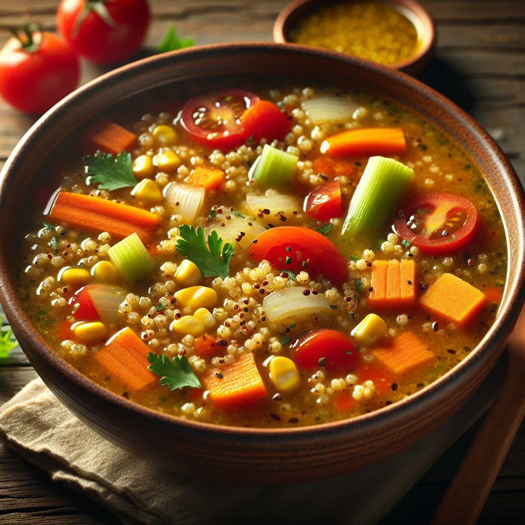 A bowl of Bolivian quinoa soup with vegetables and fresh herbs