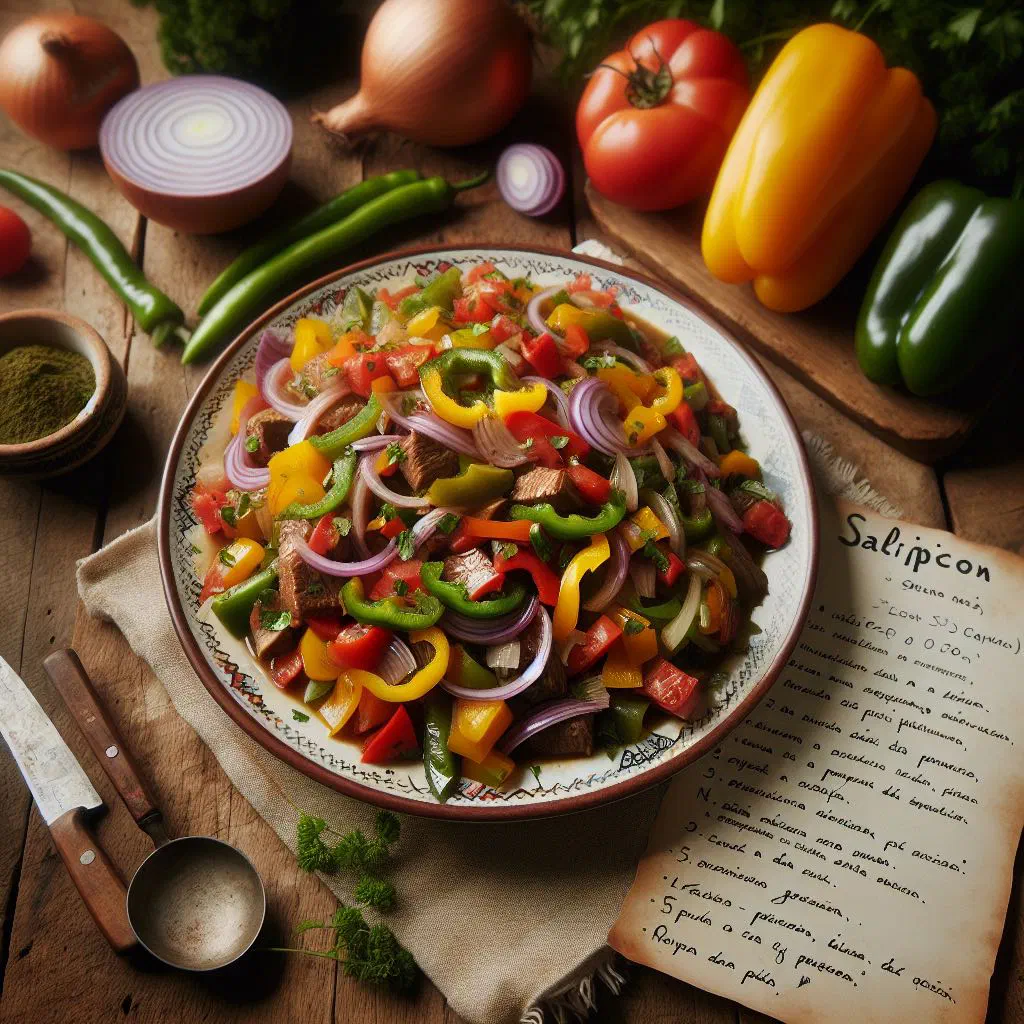 Bowl of Bolivian salpicón with tender meat, peppers, tomato and fresh coriander