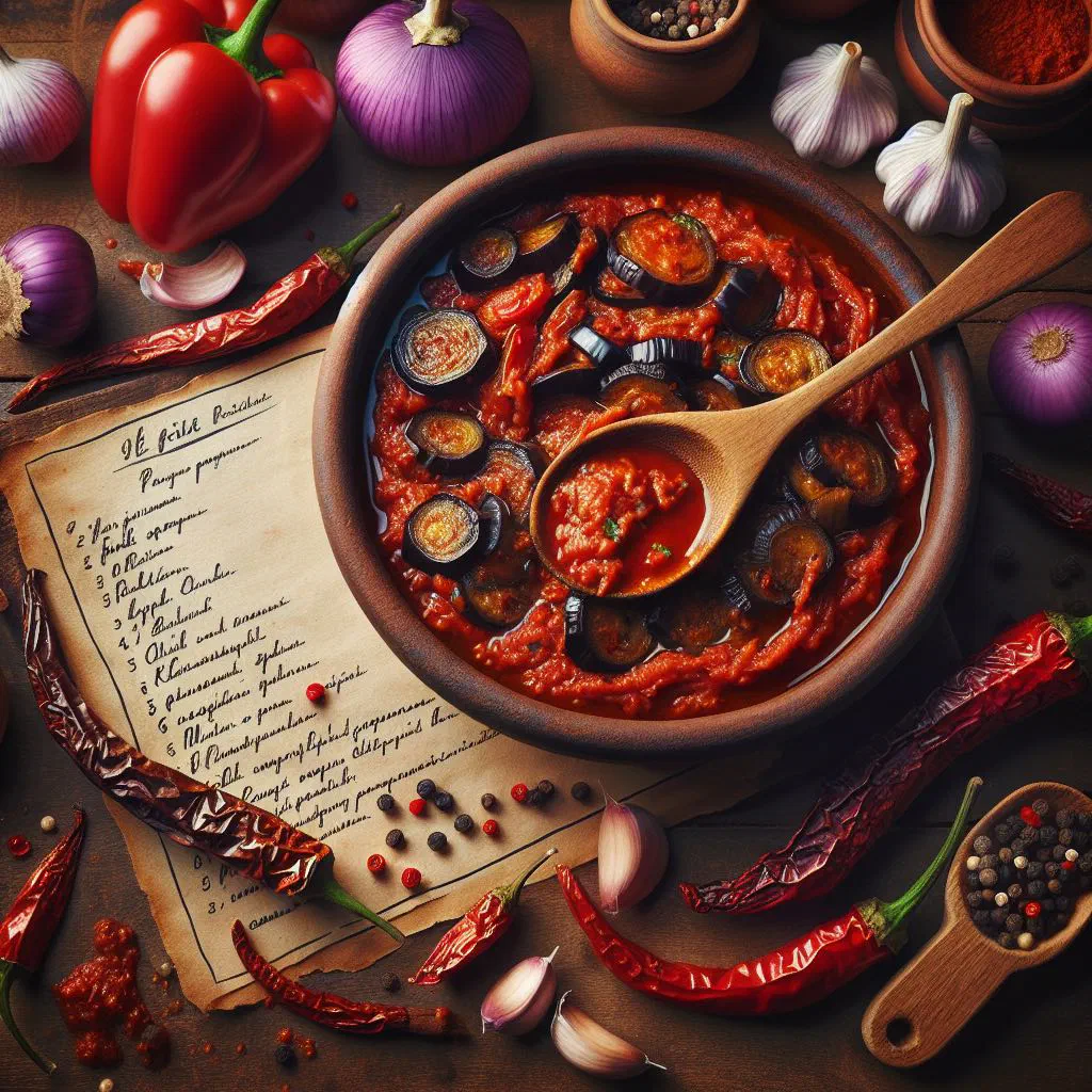 Bowl of red ajvar pepper relish drizzled with olive oil and served with flatbread