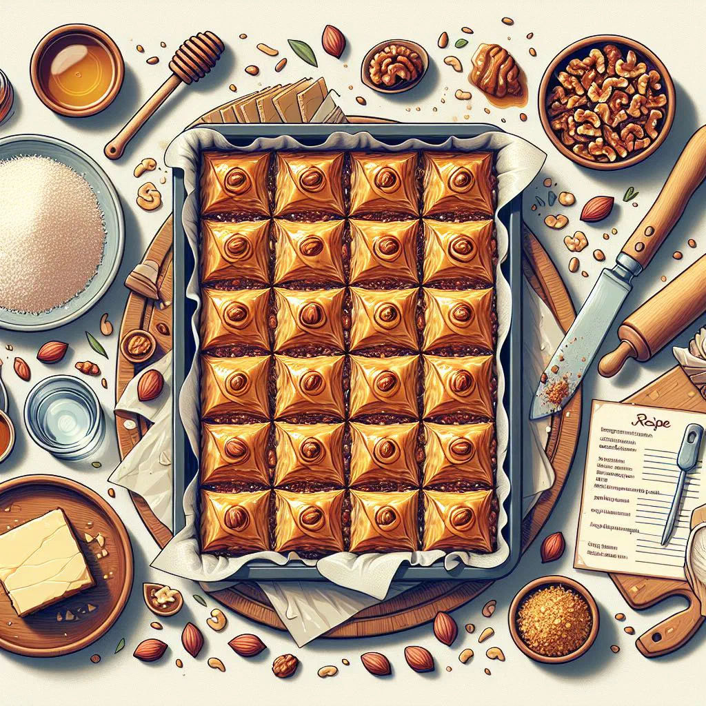 Diamond-cut baklava with layered filo pastry and chopped nuts glistening with syrup