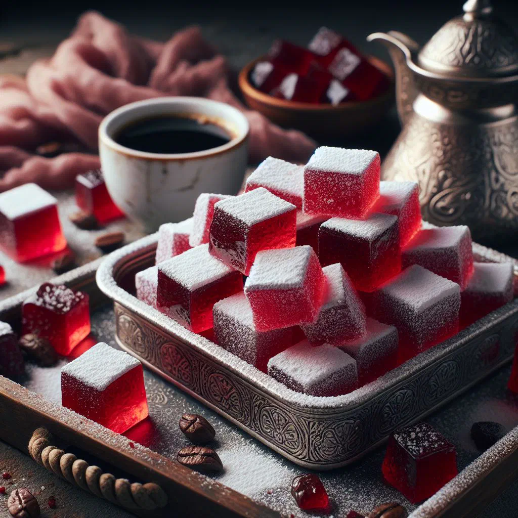 Soft cubes of Bosanski lokum dusted with cornflour on a plate