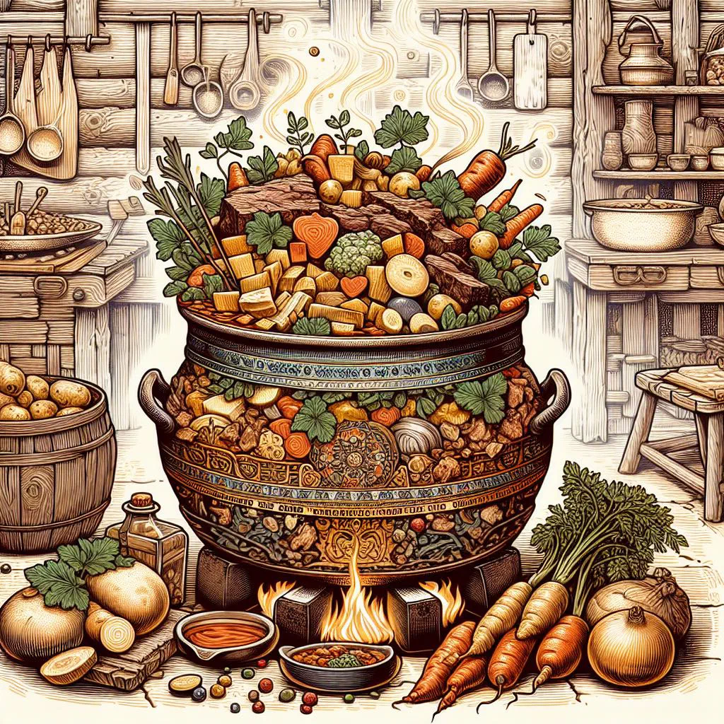 Bosanski lonac stew with beef, lamb and vegetables in a rustic pot