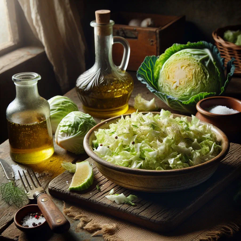 A bowl of finely shredded white cabbage salad dressed with vinaigrette