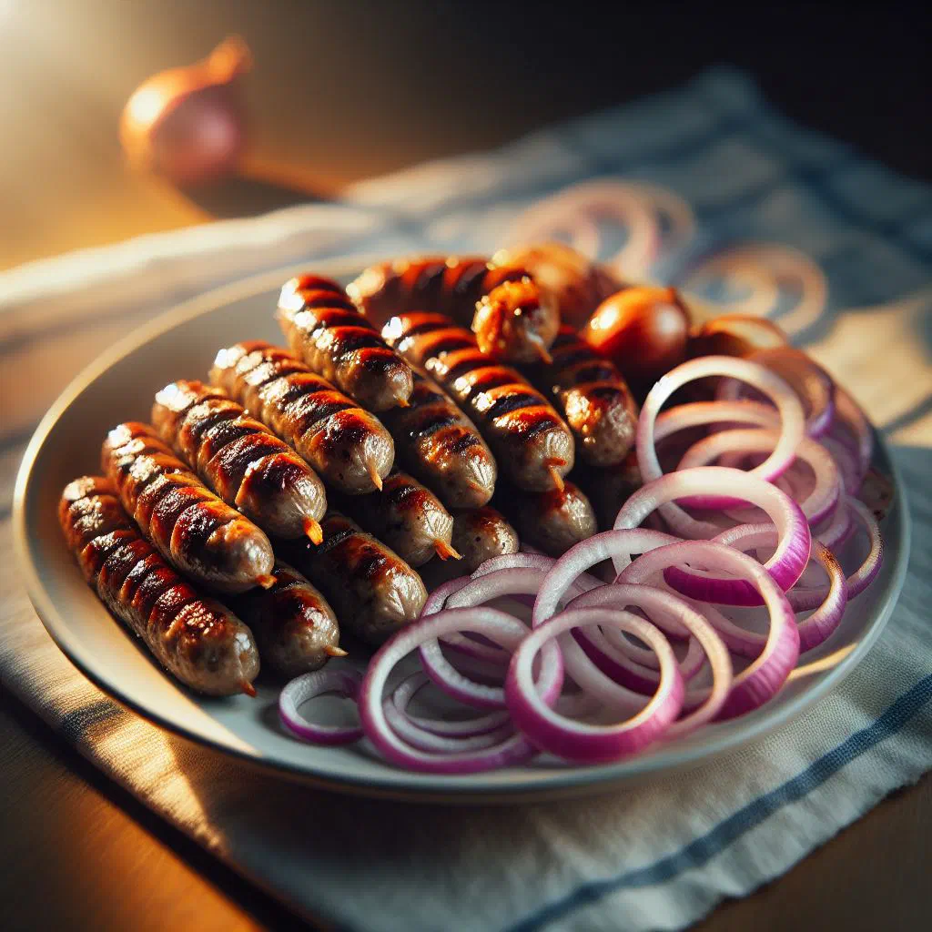Grilled ćevapi sausages served with fresh chopped onions and bread