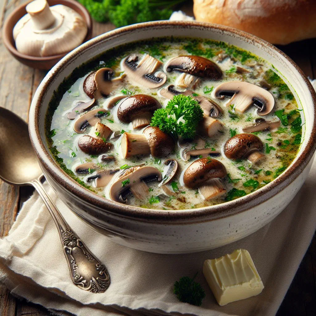 Bowl of creamy Bosnian mushroom soup garnished with fresh parsley