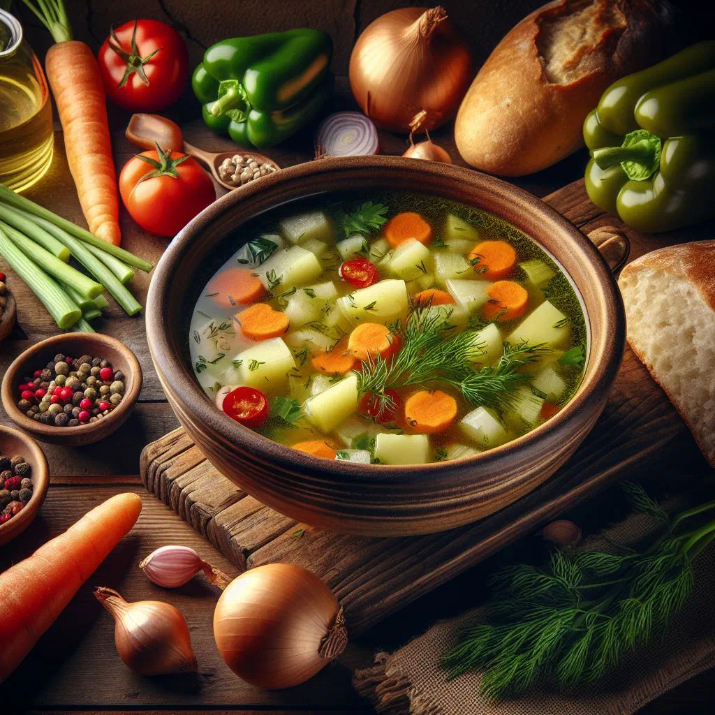 A bowl of Bosnian vegetable soup garnished with fresh herbs