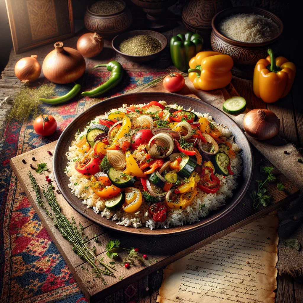 A colourful bowl of Djuveč rice with peppers, carrots and tender pieces of meat