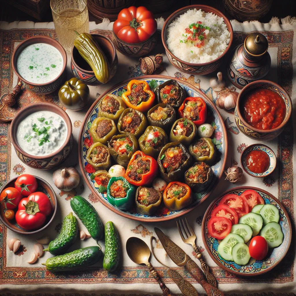 Stuffed peppers and courgettes in tomato sauce, garnished with fresh herbs