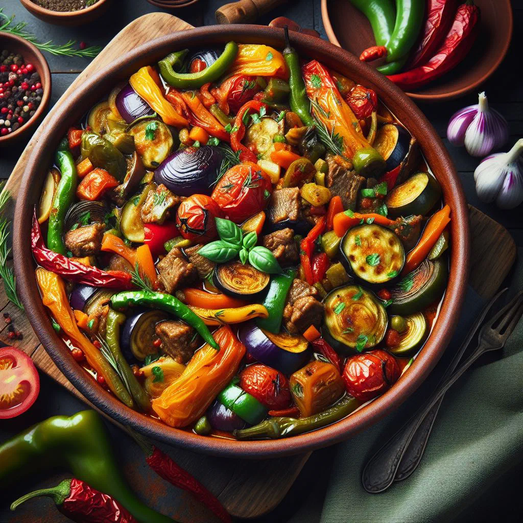A rustic dish of Đuveč with rice, peppers and seasonal vegetables garnished with fresh herbs