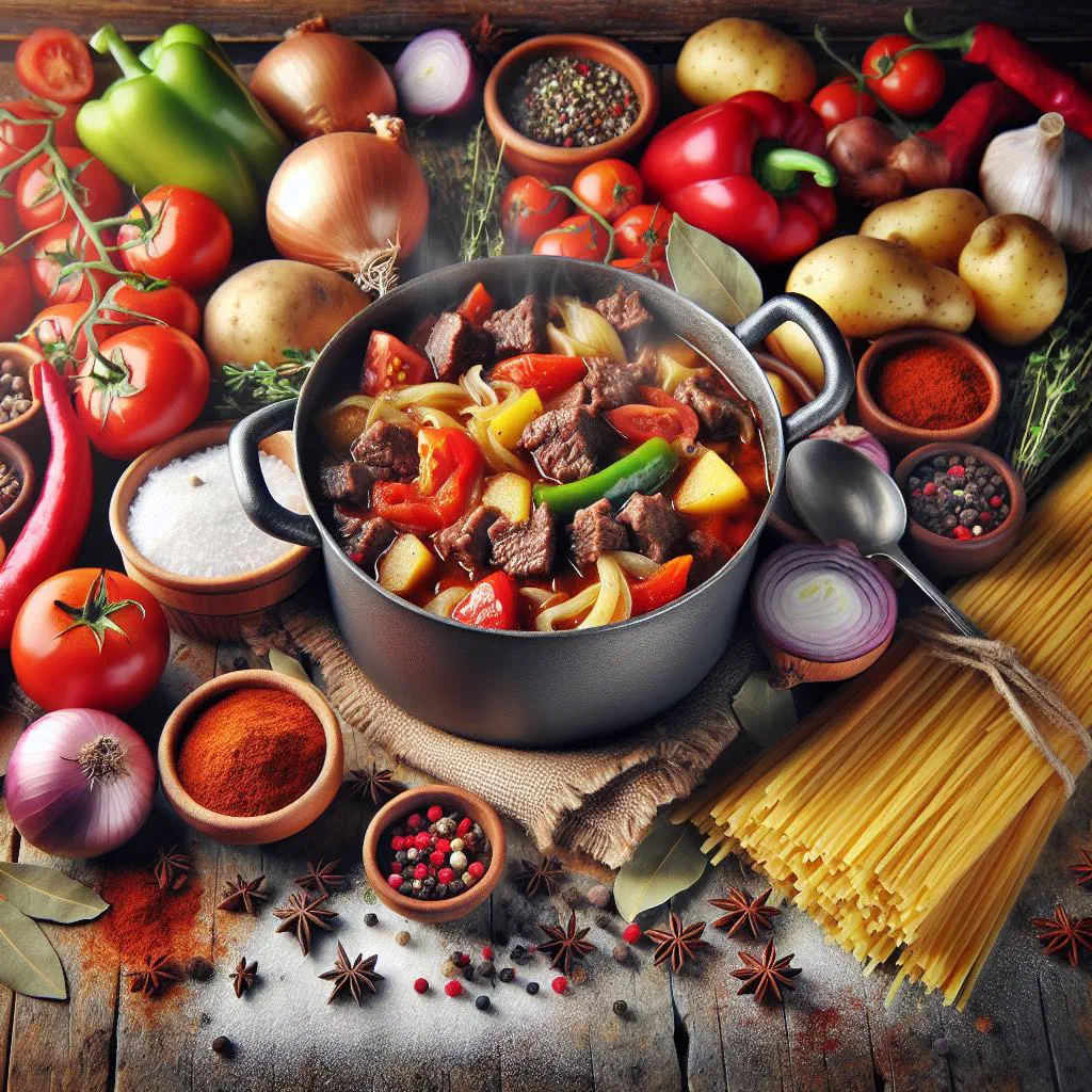 A bowl of Bosnian goulash with tender beef, peppers and a rich paprika sauce