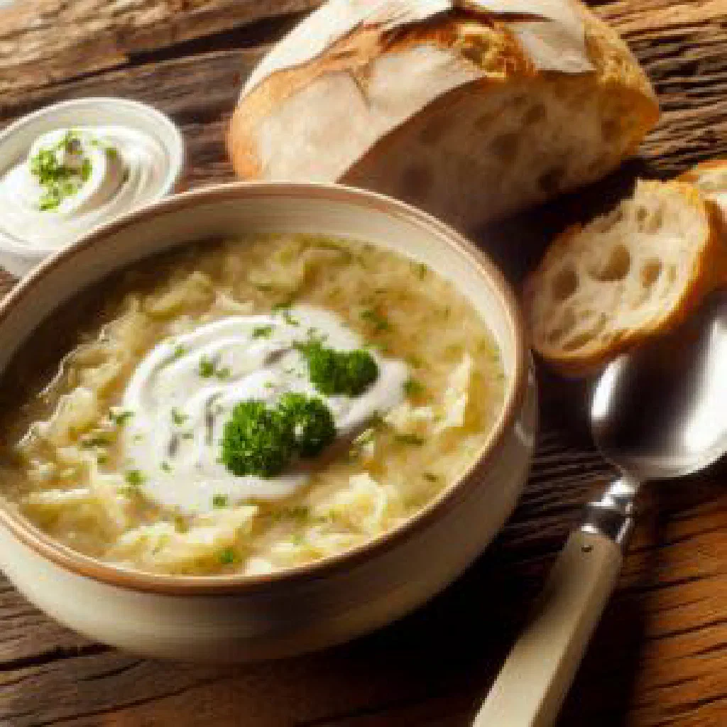 A bowl of kiselica, Bosnian sour cabbage, garnished with fresh herbs