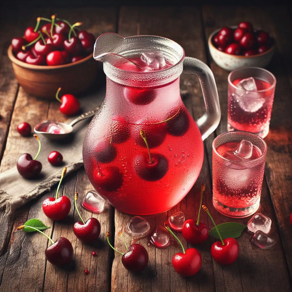 A glass of Bosnian kompot with poached fruit and a sprig of mint