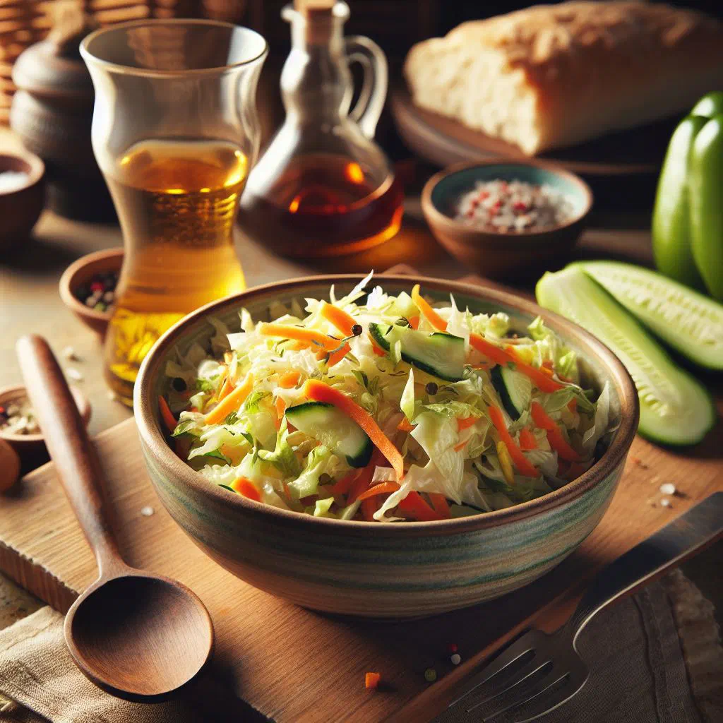 Bowl of shredded white cabbage salad with carrot and fresh parsley