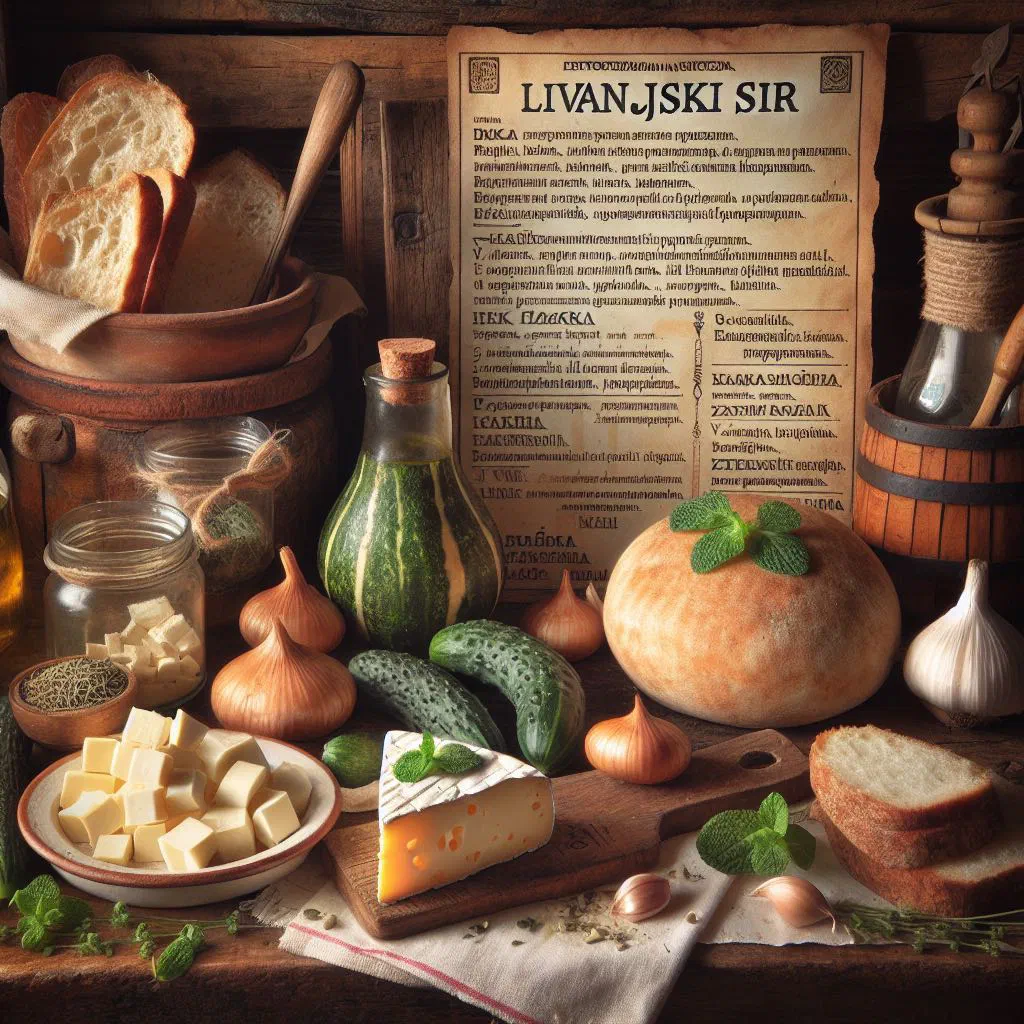 A wedge of pale, semi-hard Livanjski cheese on a rustic wooden board