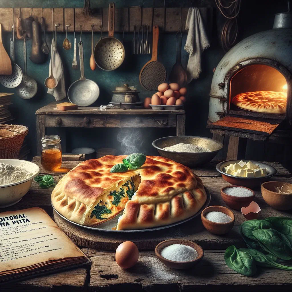 Golden baked Bosnian pita filled with spinach and feta, cut into pieces