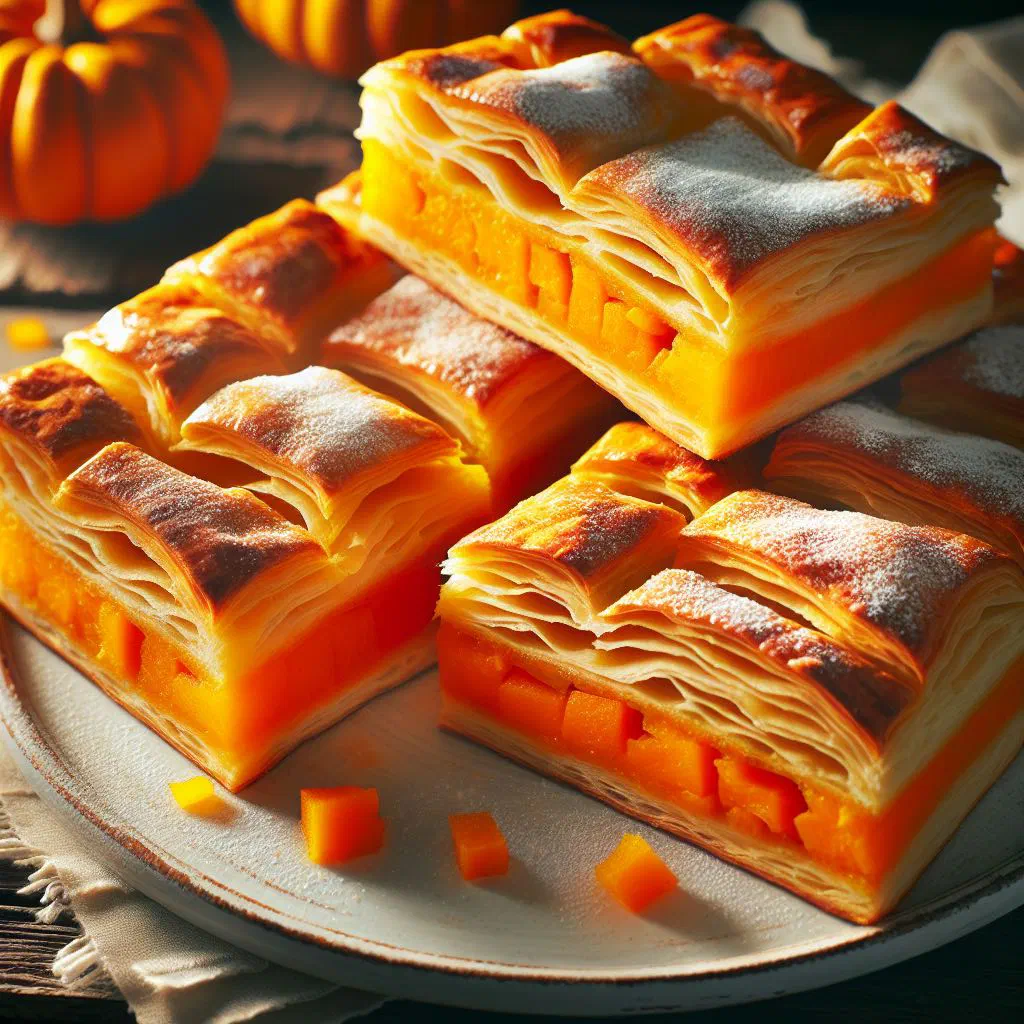 Golden rolls of Bosnian pumpkin filo pie sliced on a wooden board