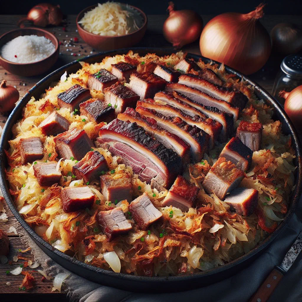 Baked podvarak with tender pork and sauerkraut in a rustic dish