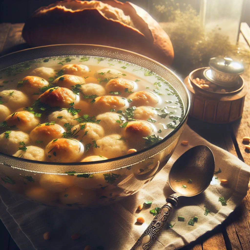 Bowl of clear broth with soft semolina dumplings and chopped parsley
