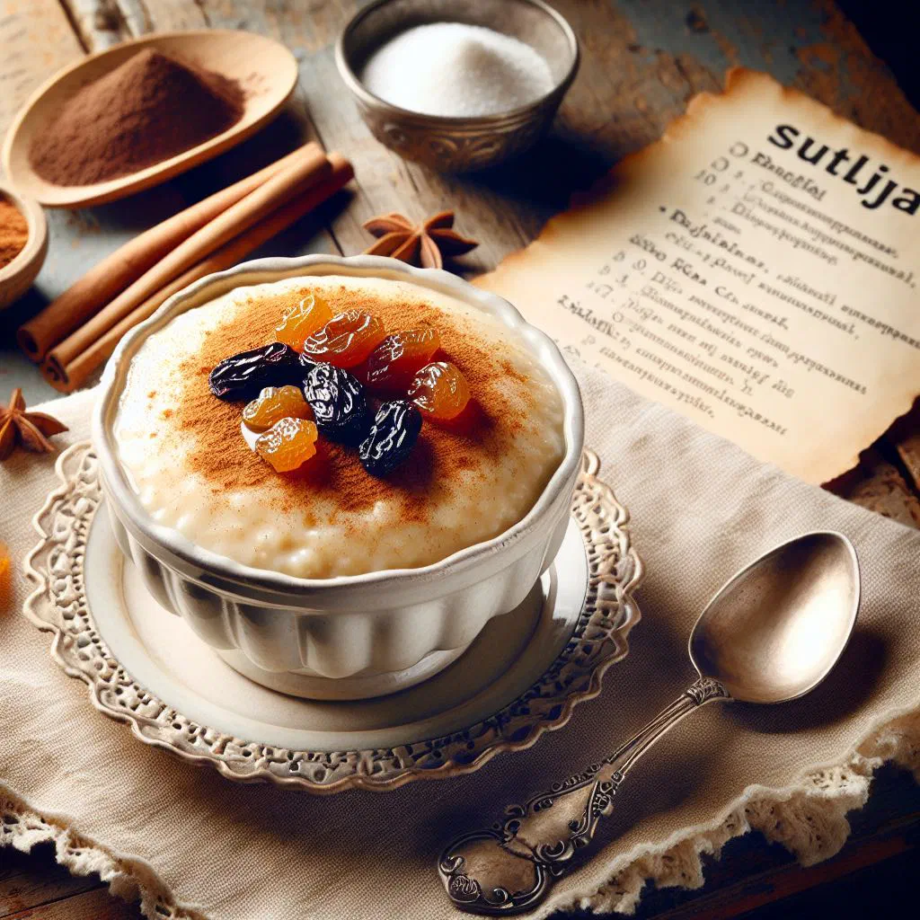 Creamy Sutlijaš rice pudding dusted with cinnamon in a bowl