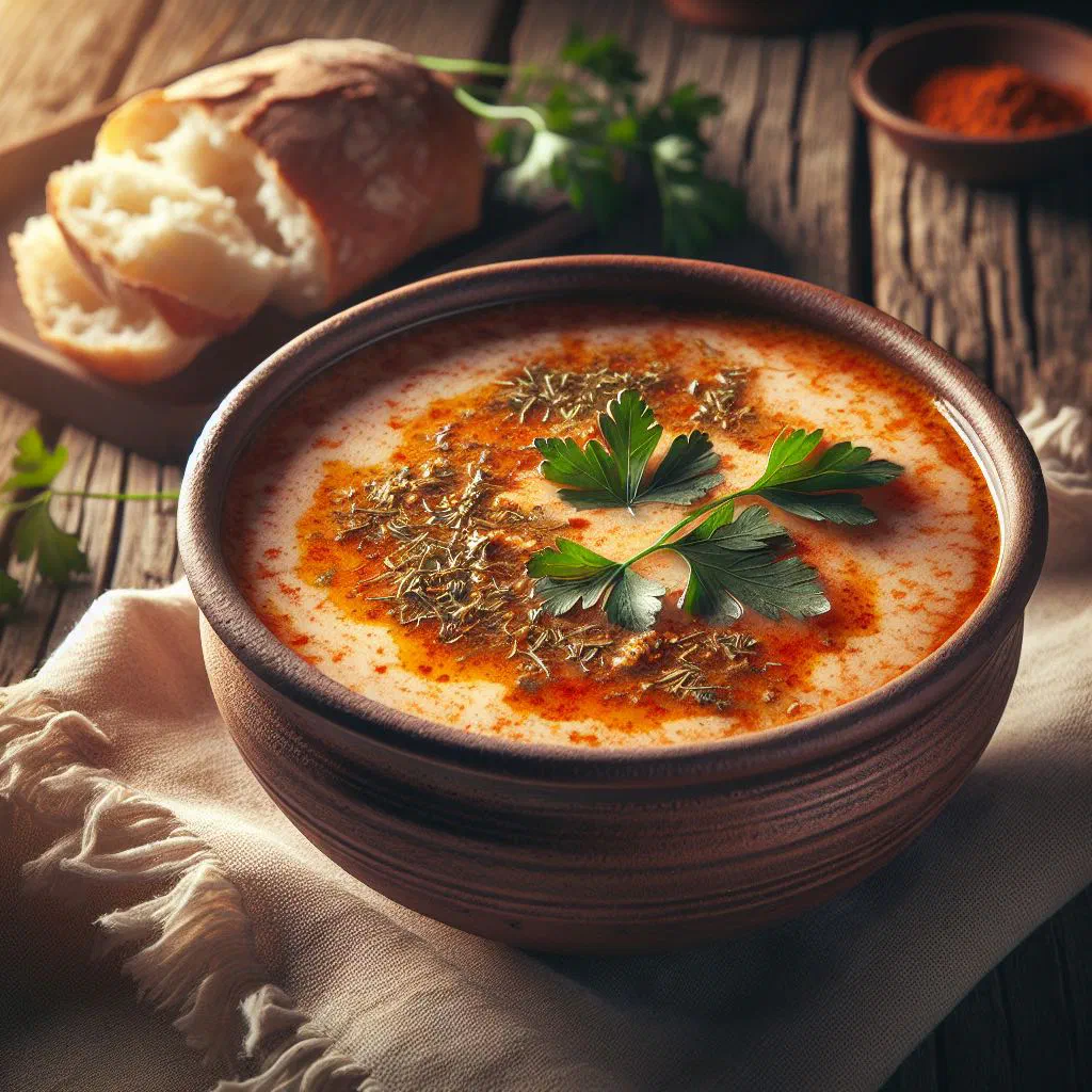 Bowl of creamy Bosnian tarhana čorba garnished with fresh parsley