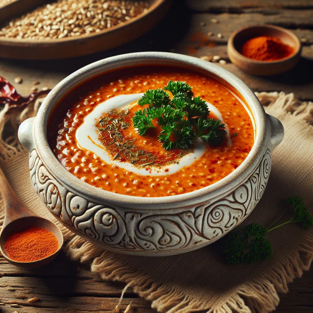 A warming bowl of Bosnian tarhana soup garnished with fresh herbs and a drizzle of olive oil