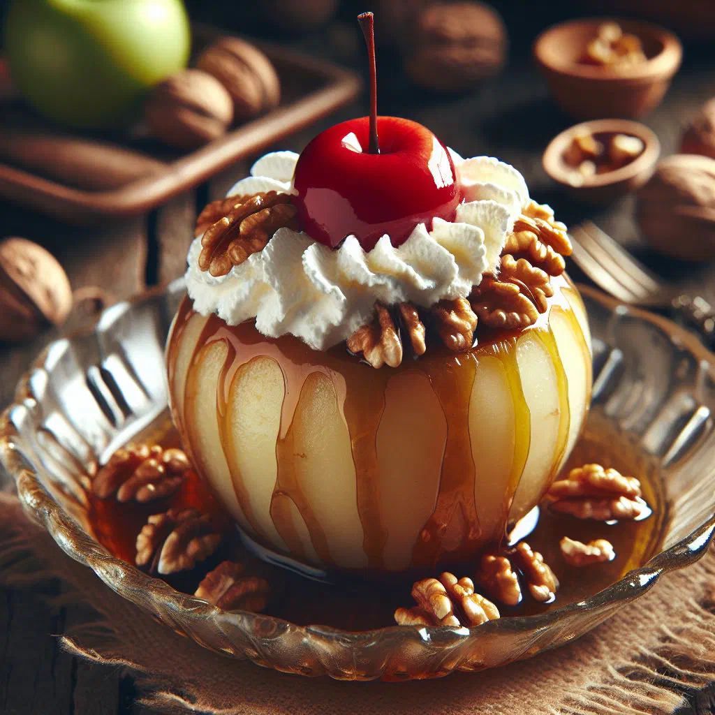 Poached apples stuffed with walnuts and topped with cream
