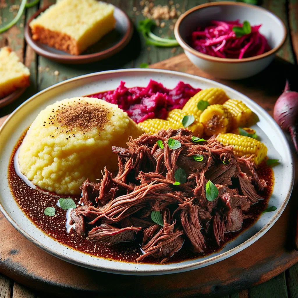 Shredded slow-cooked beef seswaa served with pap