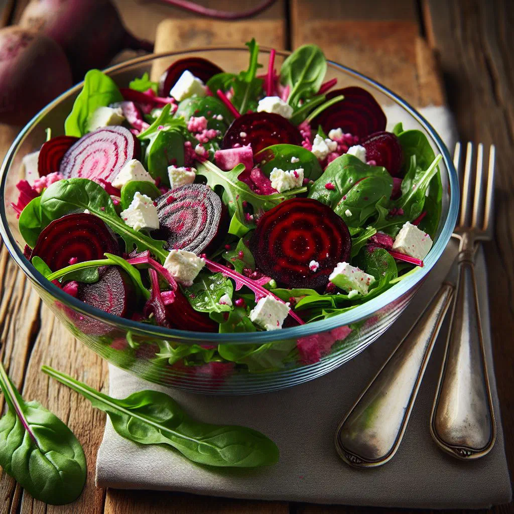 Colourful beetroot salad with peppers, cucumber and fresh herbs