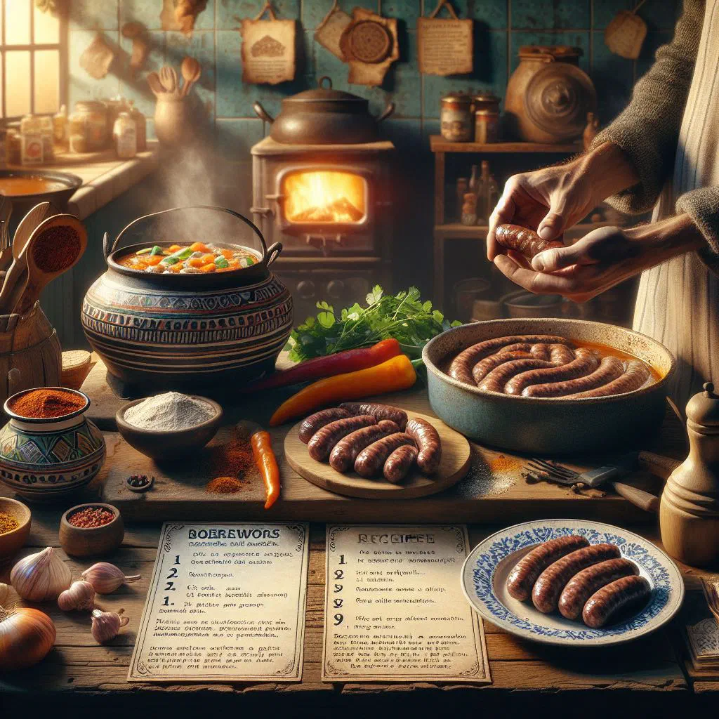 Coiled boerewors sausage grilling over an open flame
