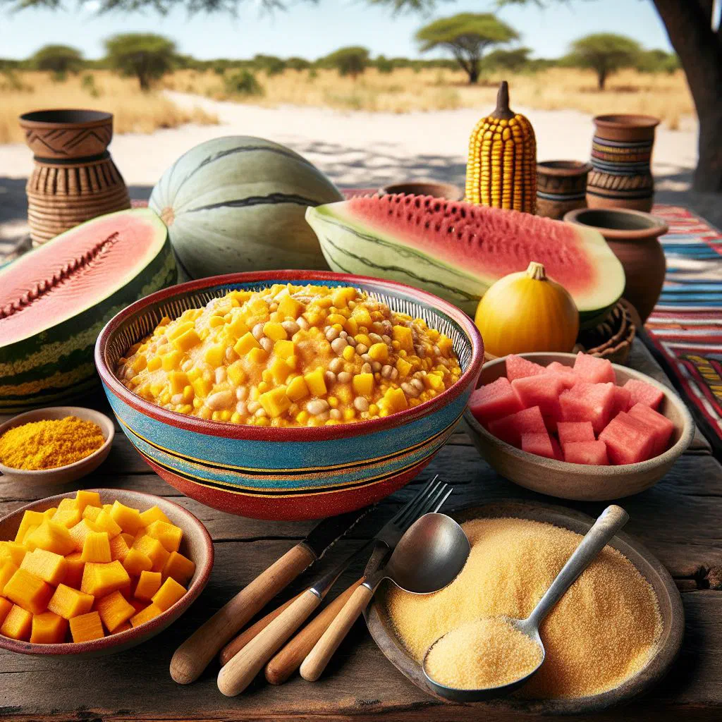 A bowl of creamy Bogobe jwa Lerotse maize porridge served with vegetables and meat