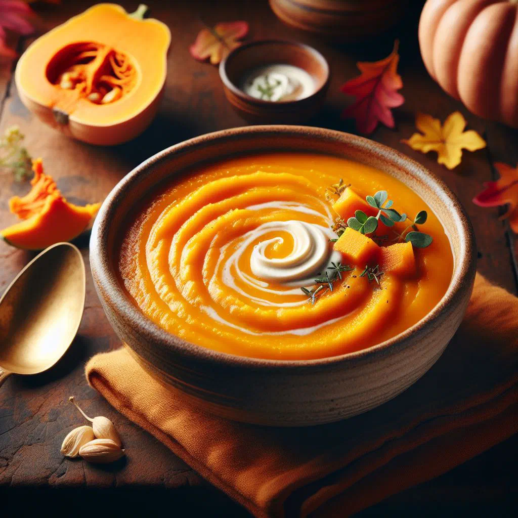 Creamy butternut squash soup garnished with roasted seeds