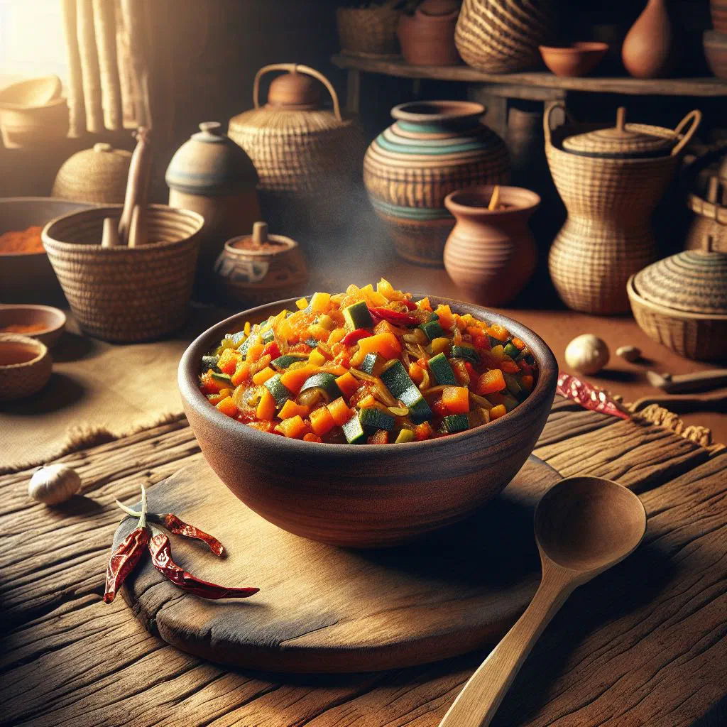 Bowl of spicy chakalaka vegetable relish with beans and peppers
