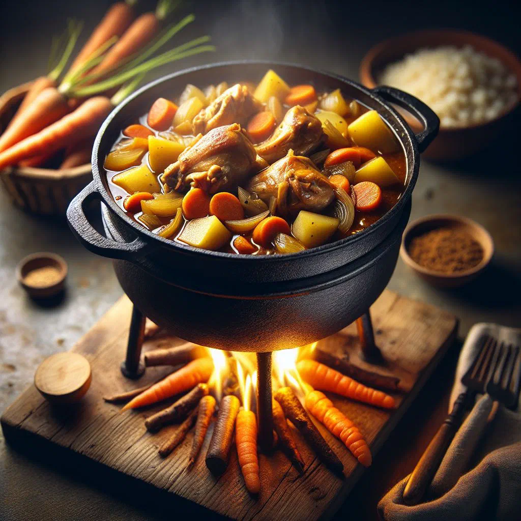 Chicken potjie stew with vegetables in a three-legged pot