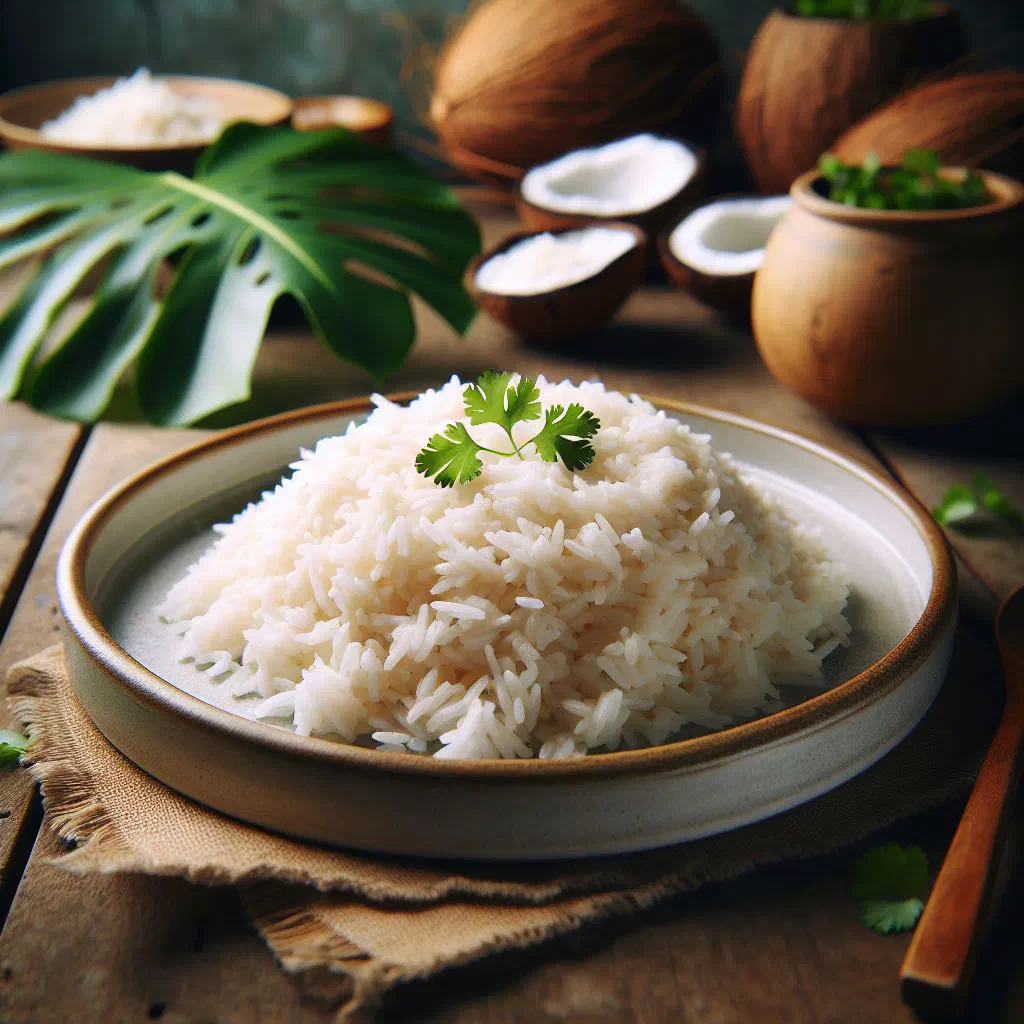 Bowl of creamy coconut rice garnished with fresh herbs
