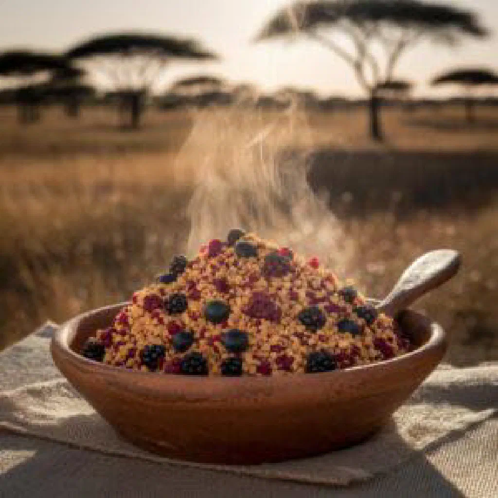 A bowl of Ditloo, a hearty Botswanan maize meal dish, garnished with fresh herbs