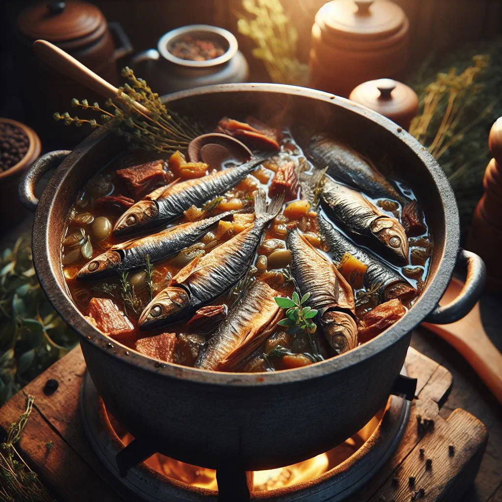 Bowl of Botswana dried fish stew with tomatoes, peppers and fresh coriander