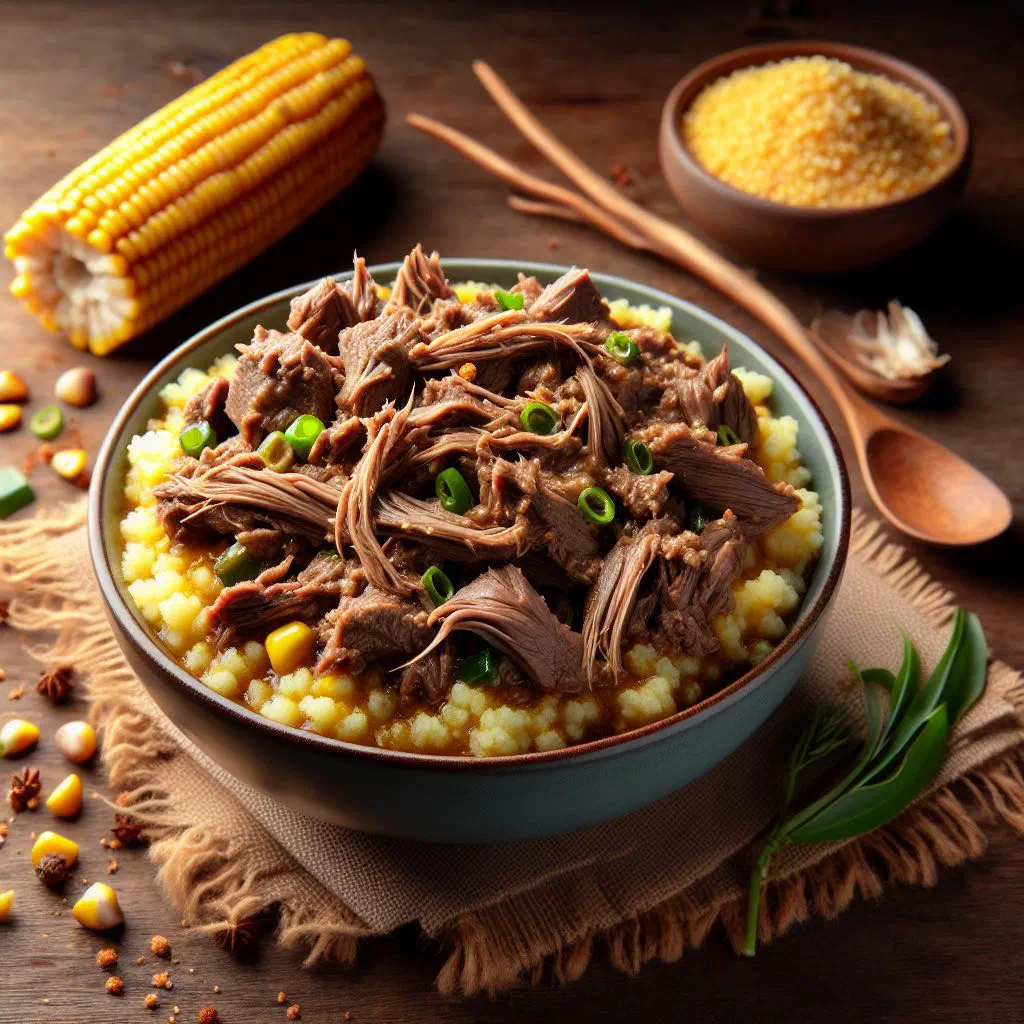 Slow-cooked shredded goat seswaa served with maize porridge