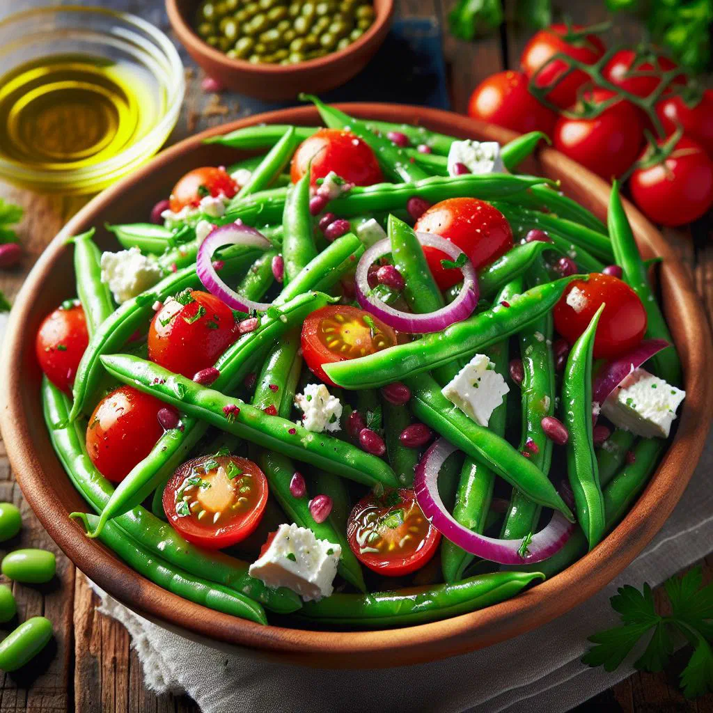 Fresh green bean salad with tomatoes, cucumber and herbs