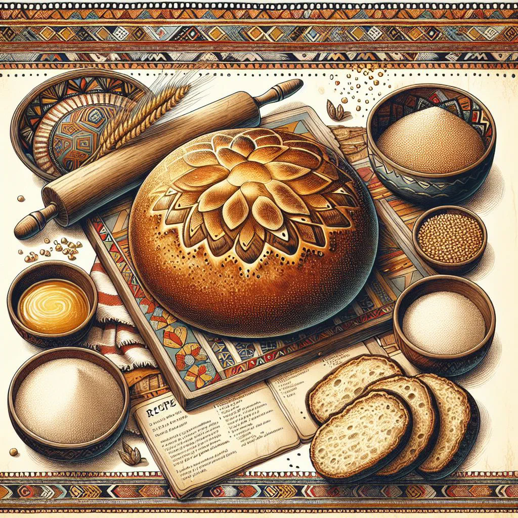 Golden loaf of Botswana millet bread, sliced on a wooden board