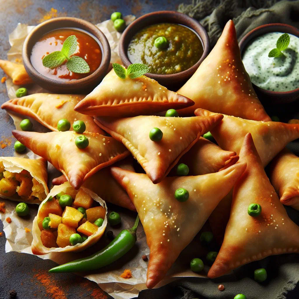Golden deep-fried samosas served on a plate with fresh herbs