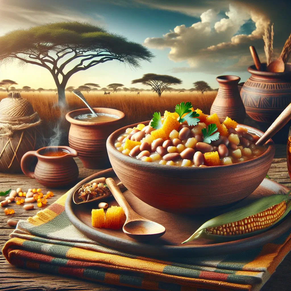 Bowl of samp and beans, a hearty maize and bean stew