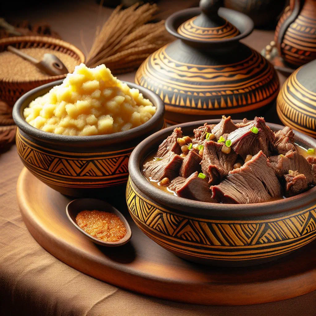 Shredded slow-cooked seswaa beef served with a bowl of soft bogobe porridge
