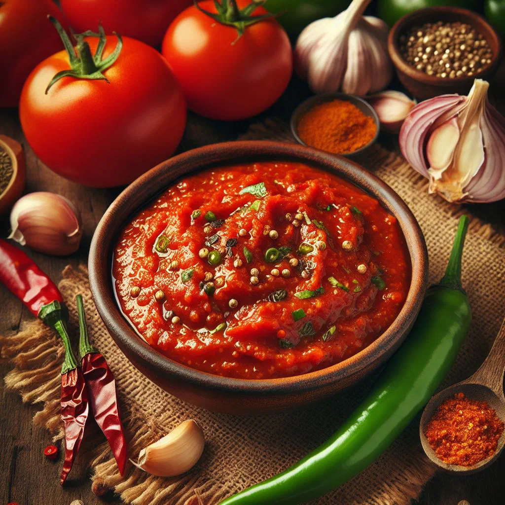 Bowl of spicy tomato chutney garnished with fresh coriander