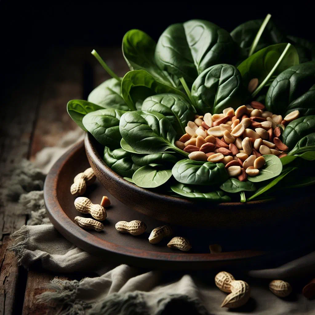 A bowl of sautéed spinach tossed with chopped peanuts and onion